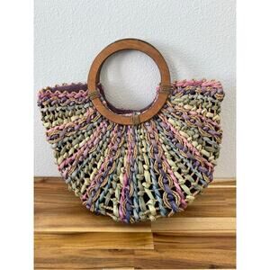 Vtg Capelli Straworld Dorfman Pacific Straw Bag Multicolored Pastel Wood Handles
